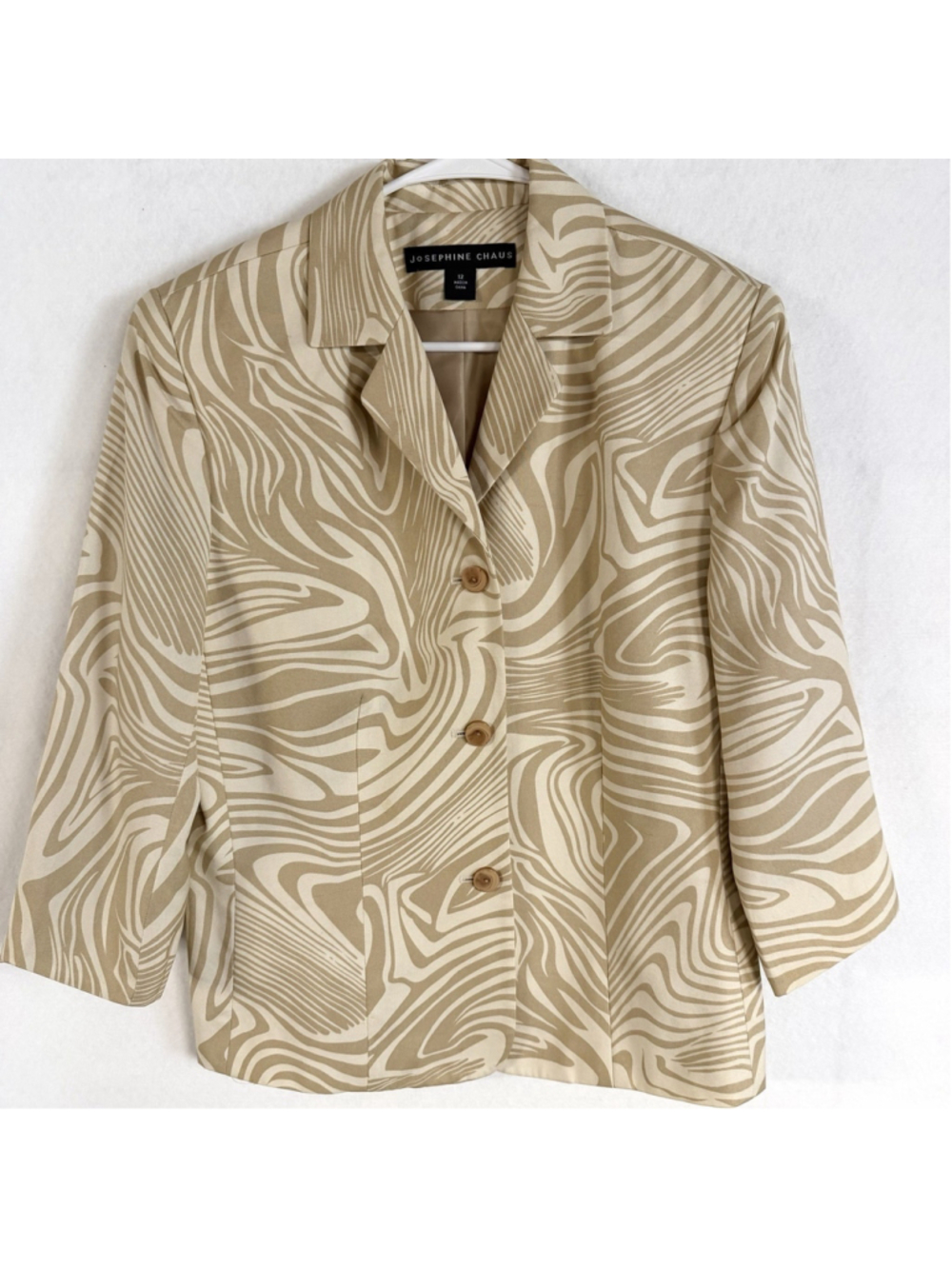 Vintage 100% Silk Blazer Jacket Womens 12 Beige Abstract Career Office 90s Y2K